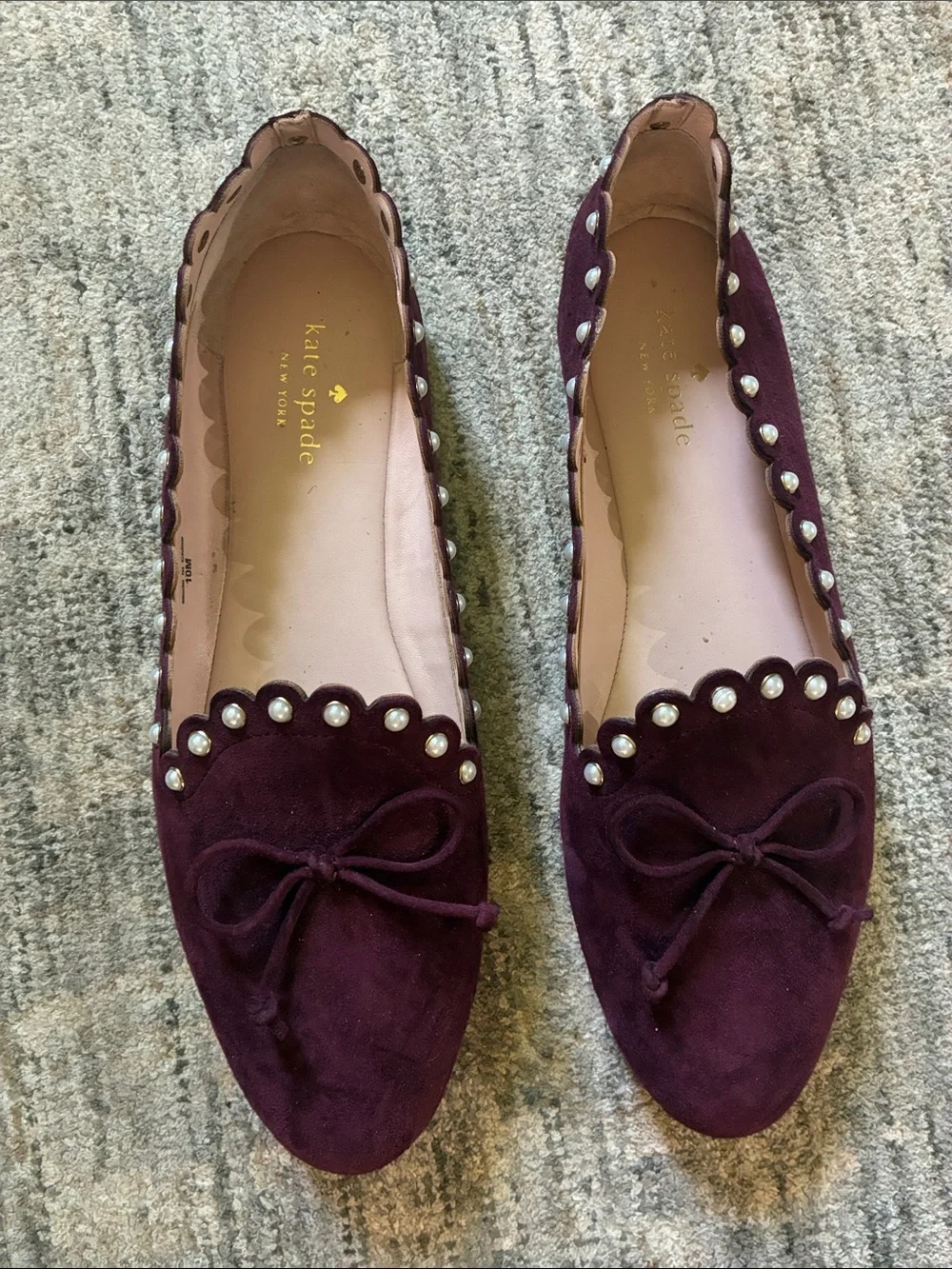 kate spade Women's Burgundy Suede Pearl-Trim Ballet Flats - size 10